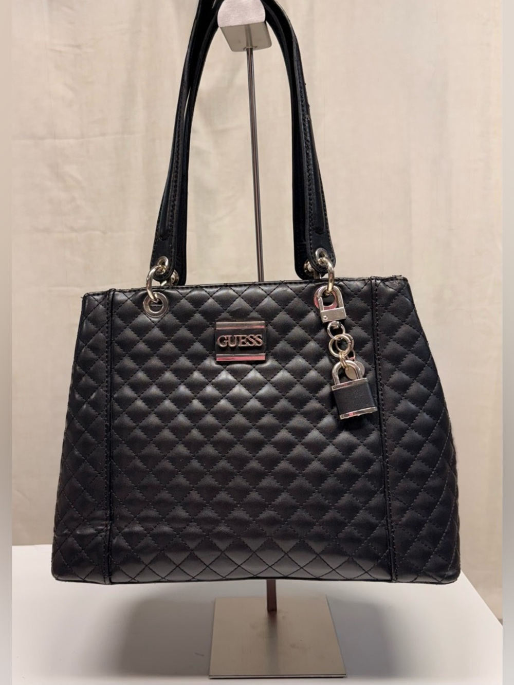 GUESS Black Quilted Shoulder Tote with Padlock Charm